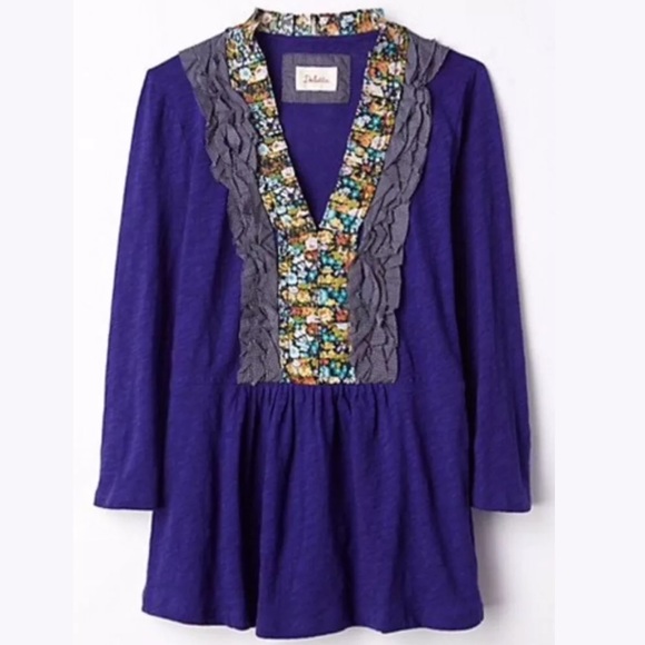 DELETTA Purple Printed Tuxedo Tee Shirt Blouse Pleated VNeck Layering knits Tops - Picture 1 of 8